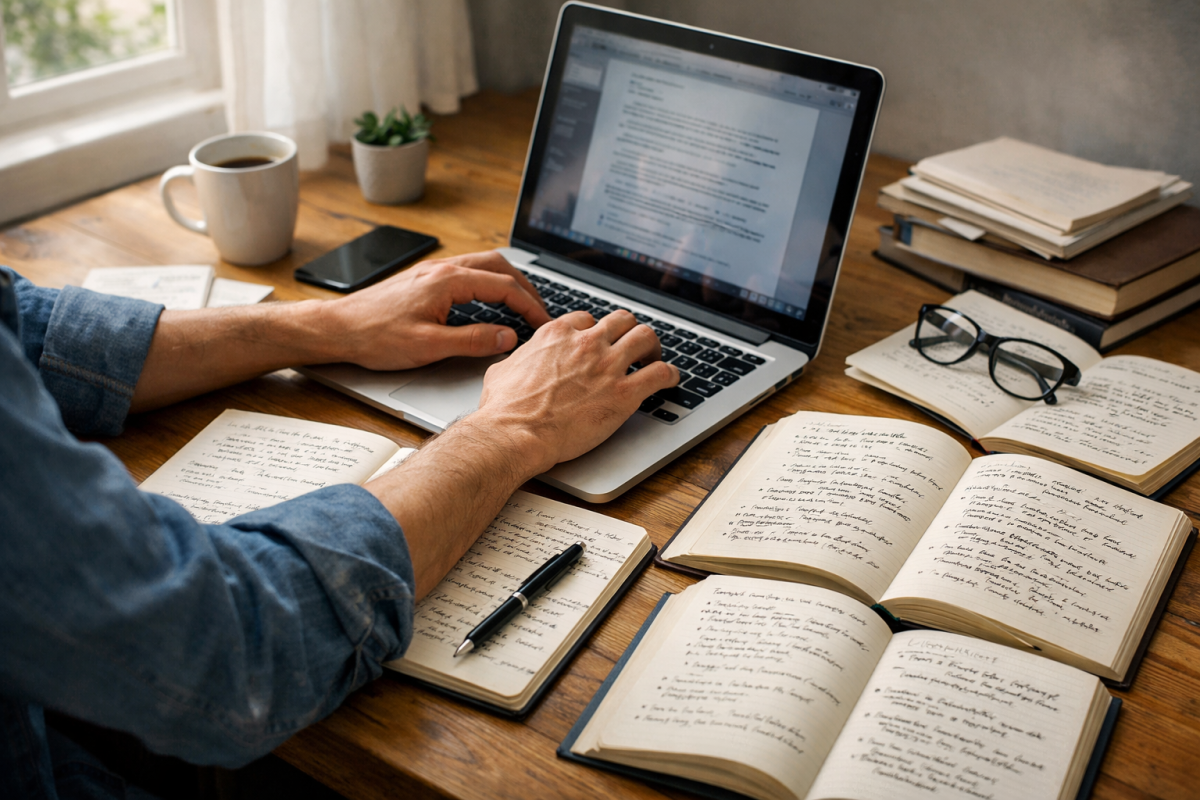 Person writing engaging blog post content