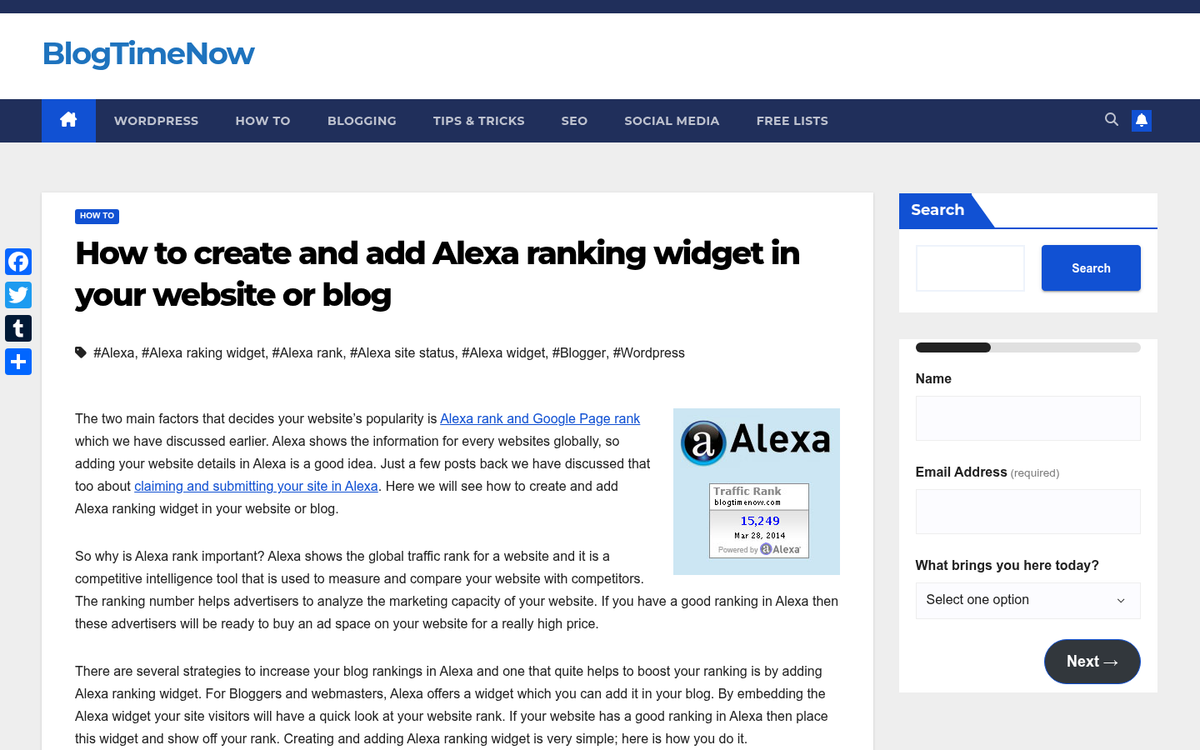 Alexa rank widget displayed on website