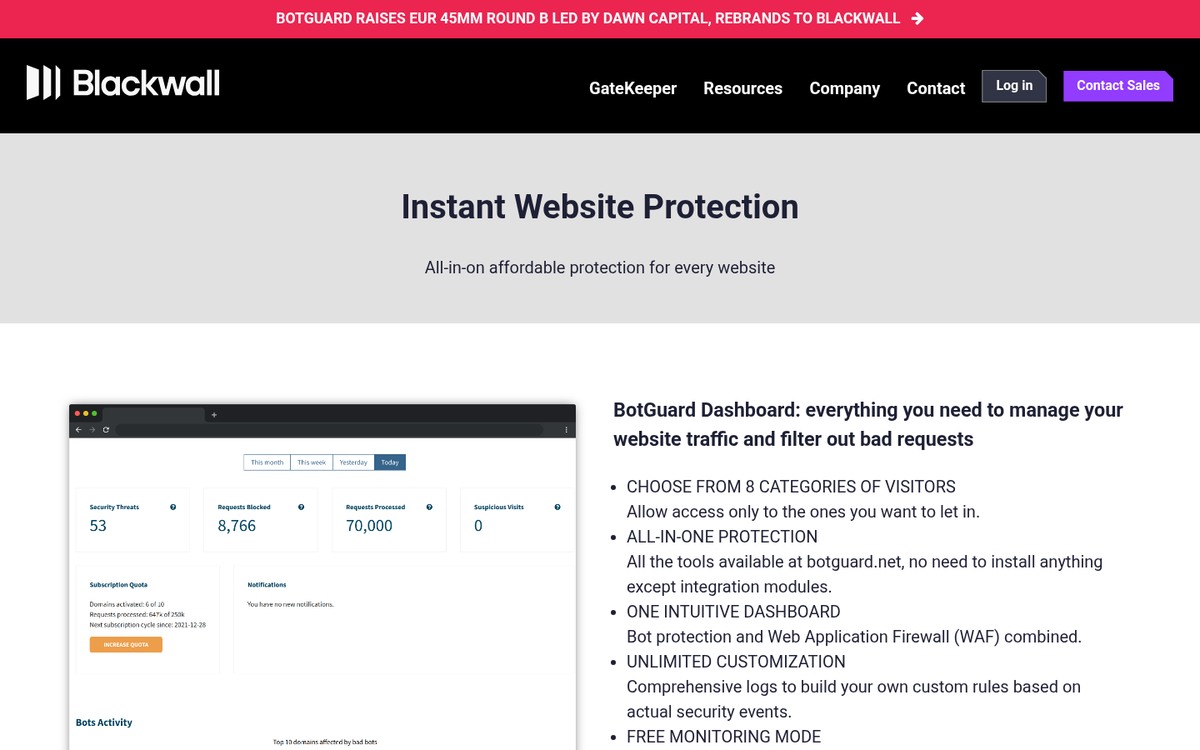Shield blocking malicious bots from website
