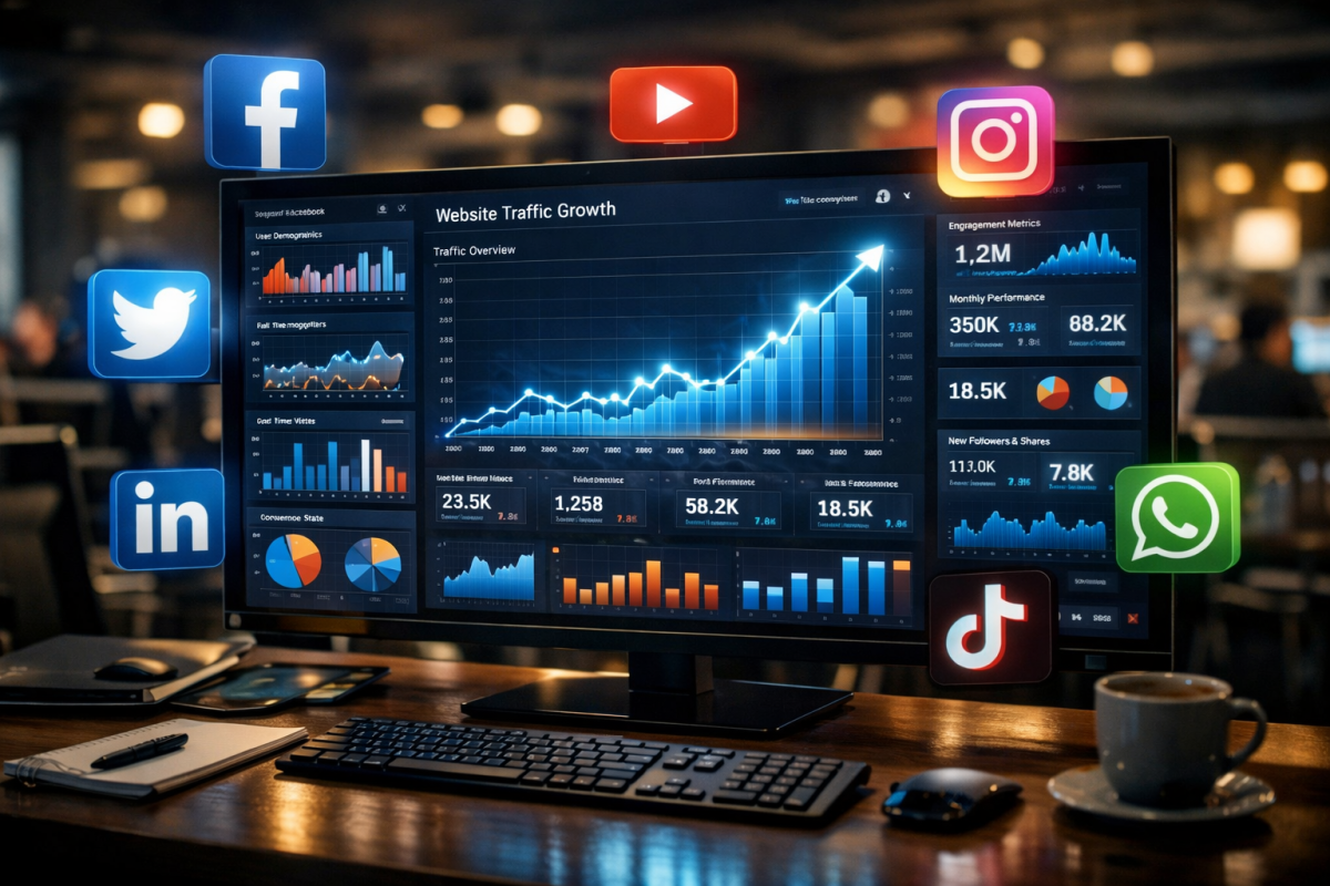 Person analyzing website traffic growth charts