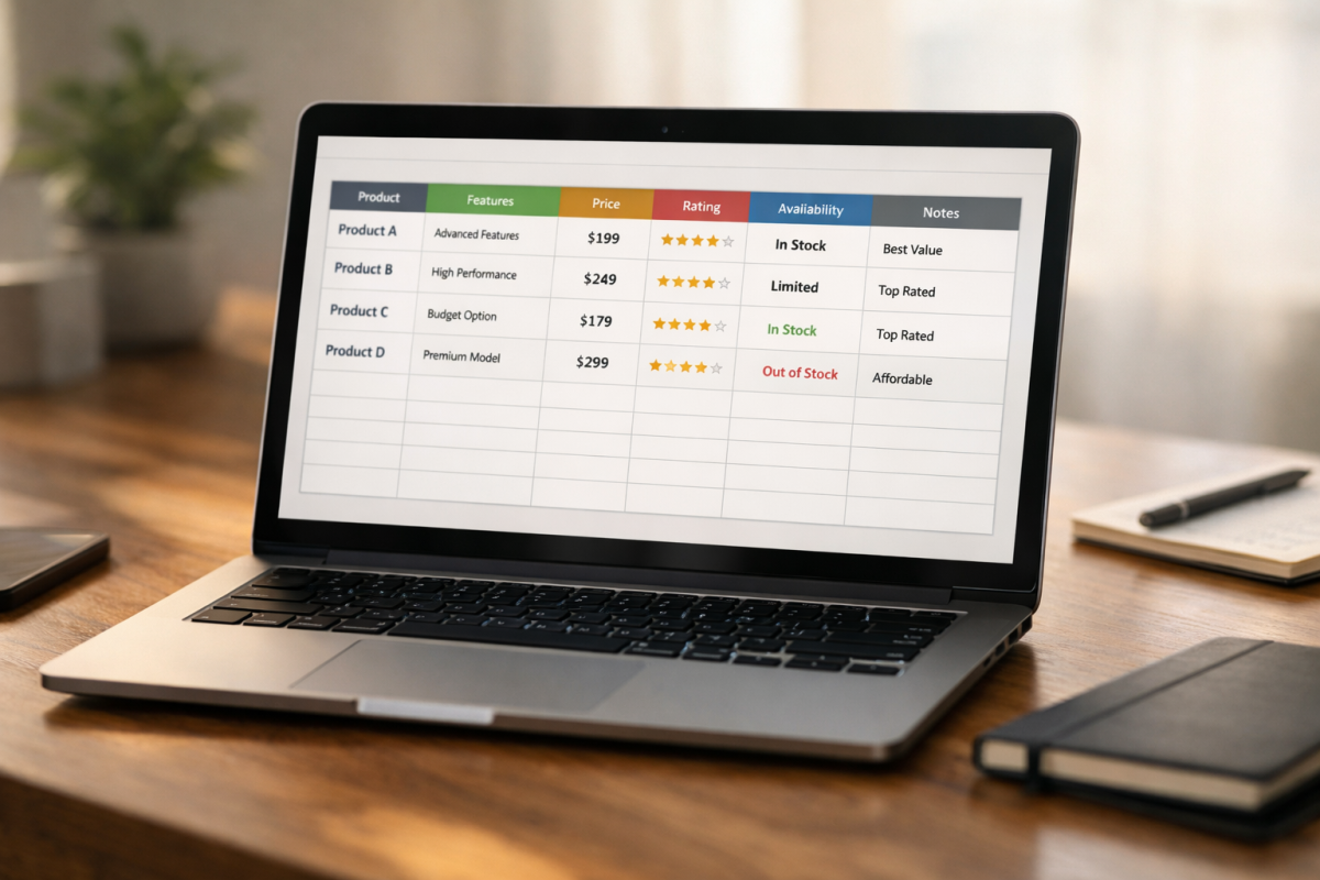 Side-by-side product comparison grid layout