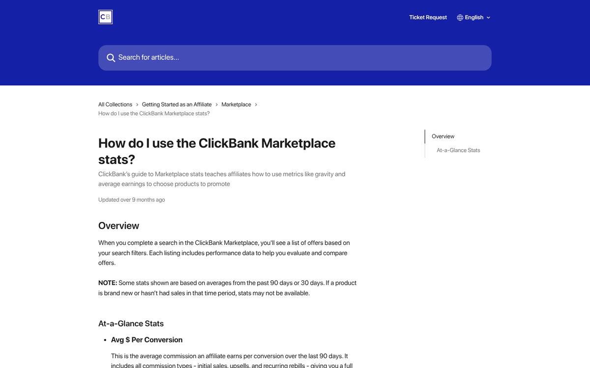 ClickBank marketplace product selection interface