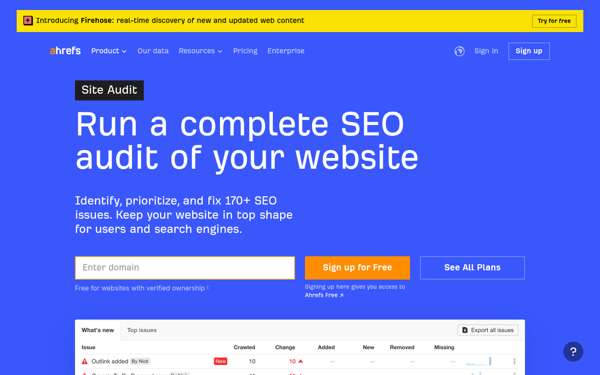 Ahrefs Webmaster Tools technical SEO audit dashboard