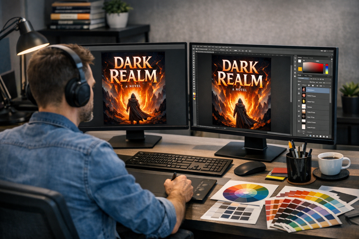 Professional designer creating a Kindle book cover