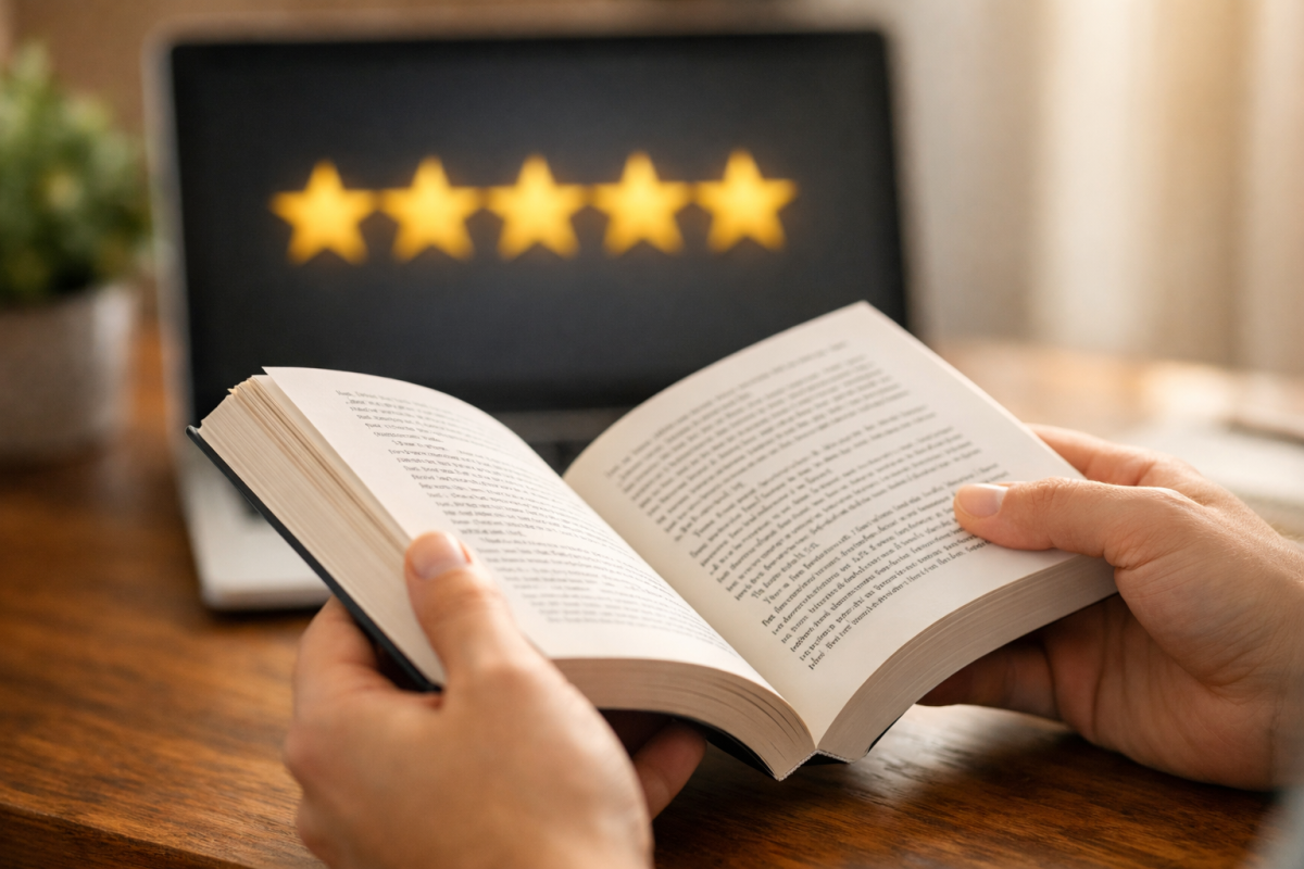 Reader writing a five-star book review