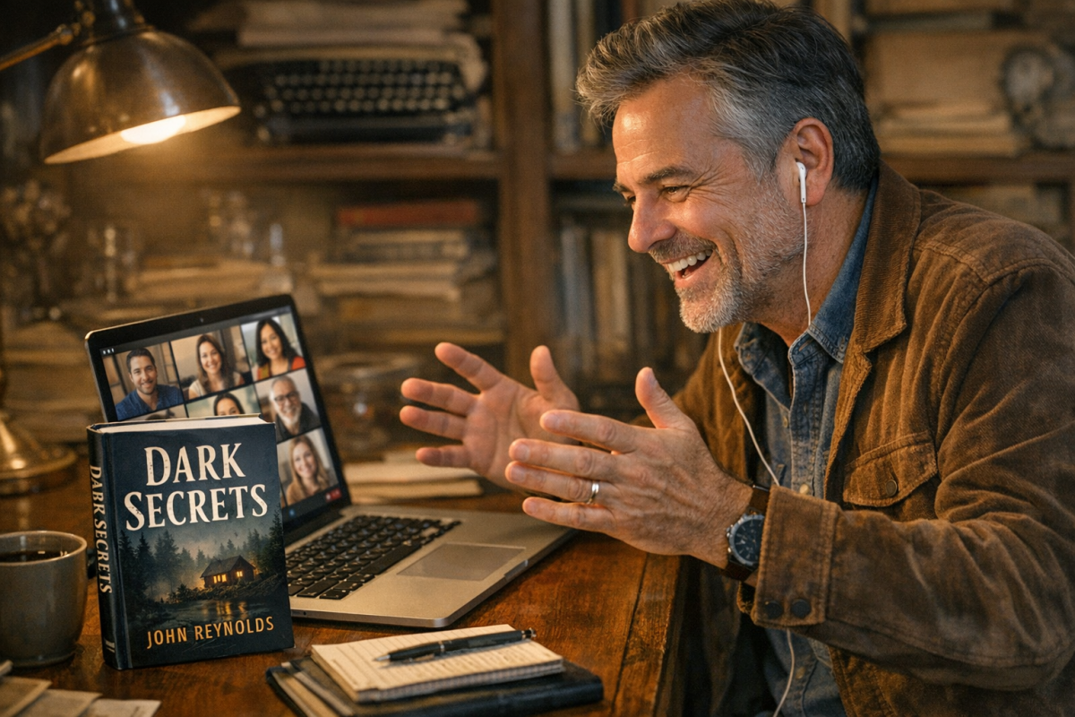 Virtual book launch event on screen