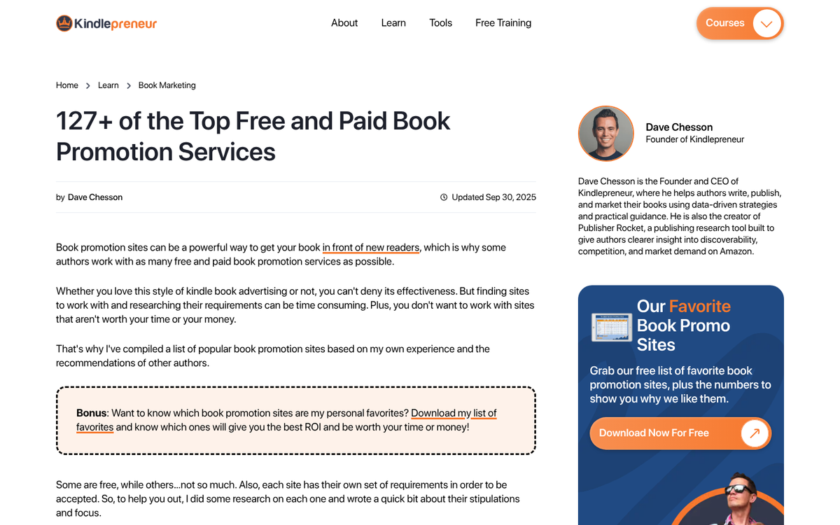 Book promotion website displayed on screen