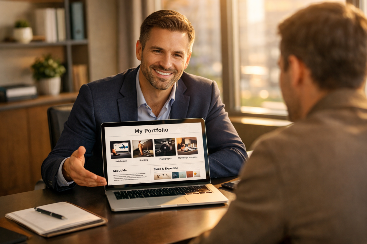 Confident freelancer promoting personal brand online