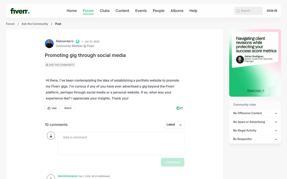 Fiverr gig shared on social media