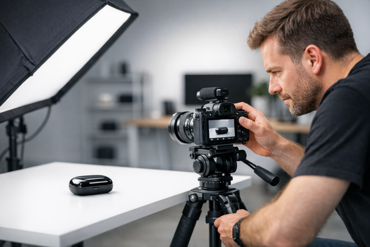 Person recording product video for eBay listing