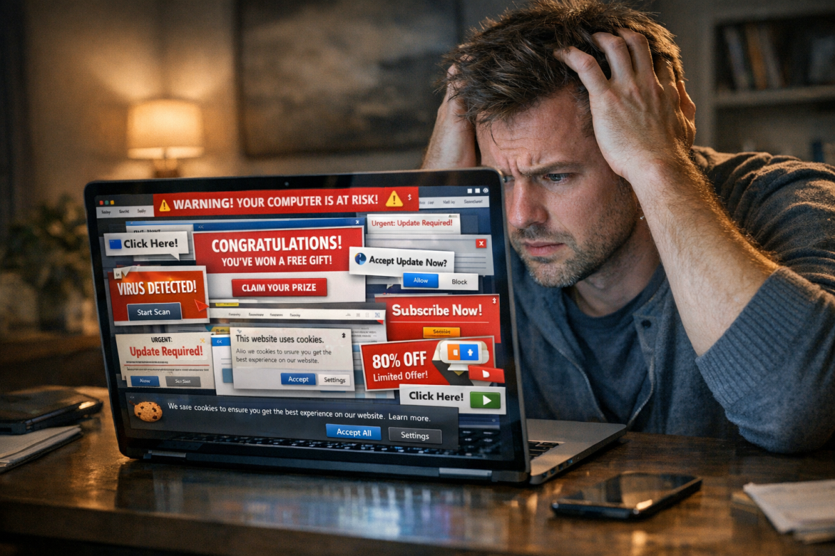 Overwhelming ads cluttering a webpage layout