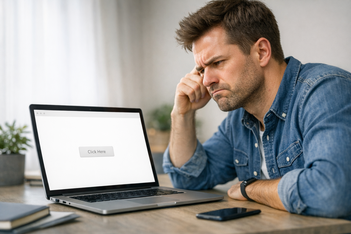 Person frustrated reading sparse webpage content