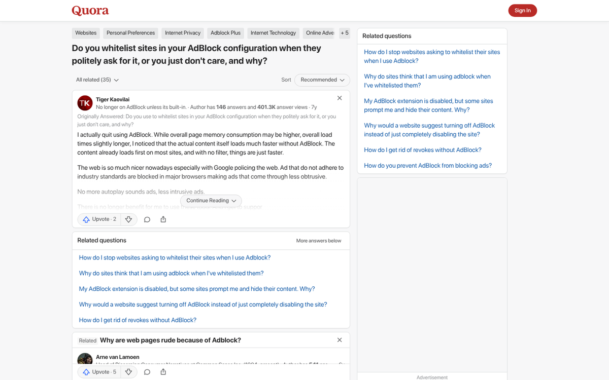 Website displaying an adblock guilt message