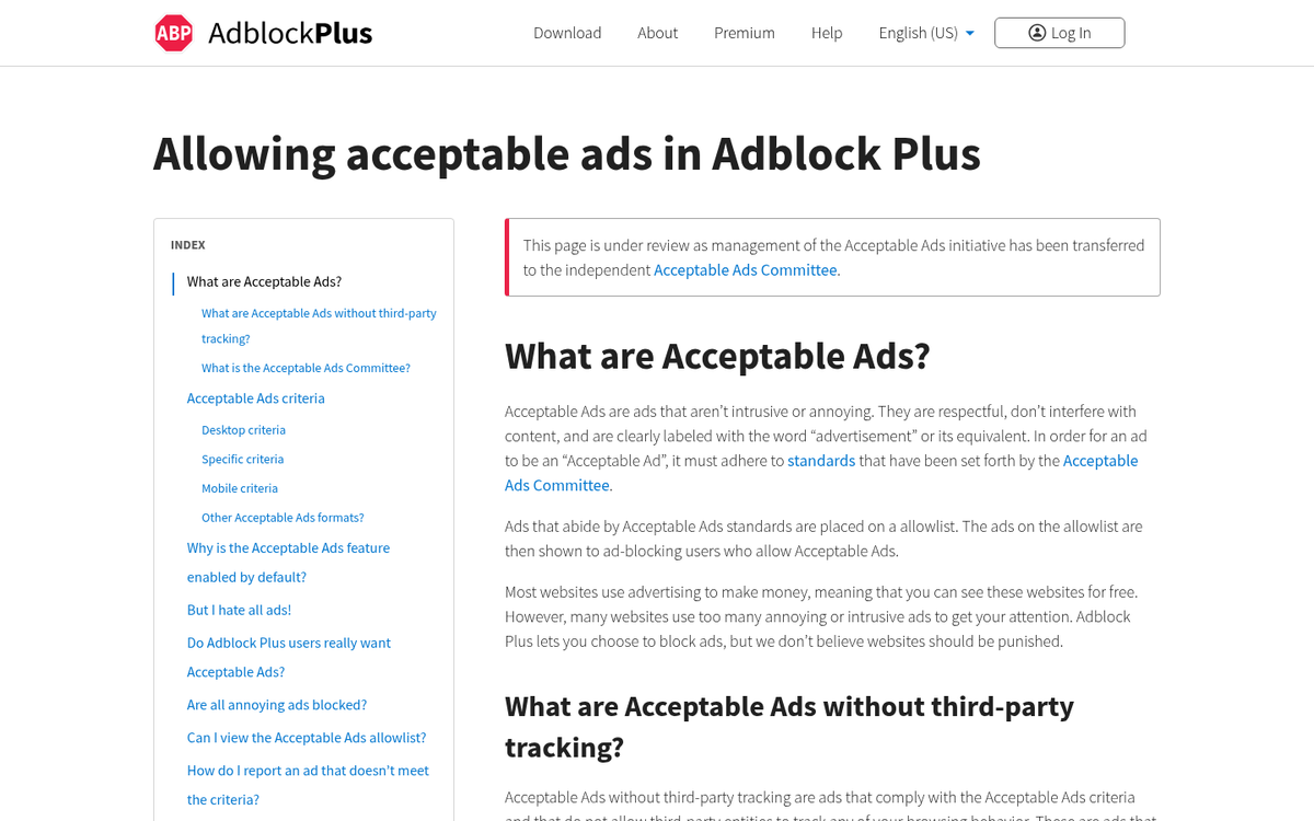 AdBlock Plus acceptable ads program webpage screenshot