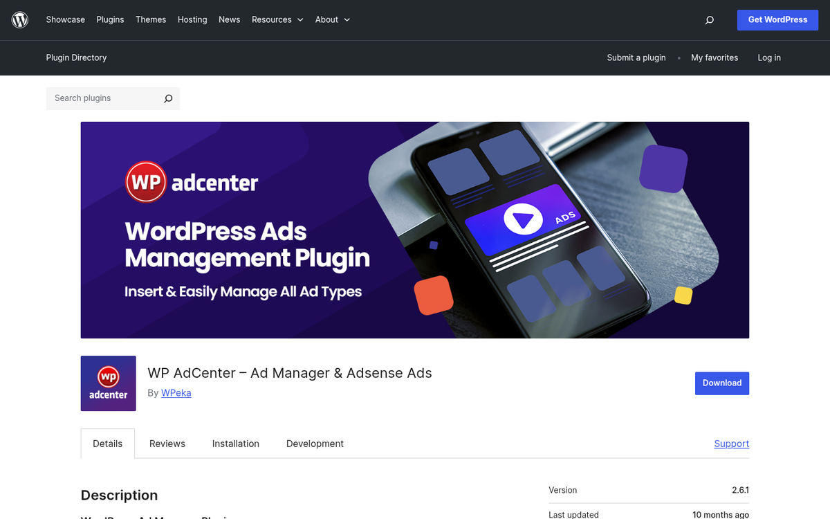 WP AdCenter plugin website screenshot