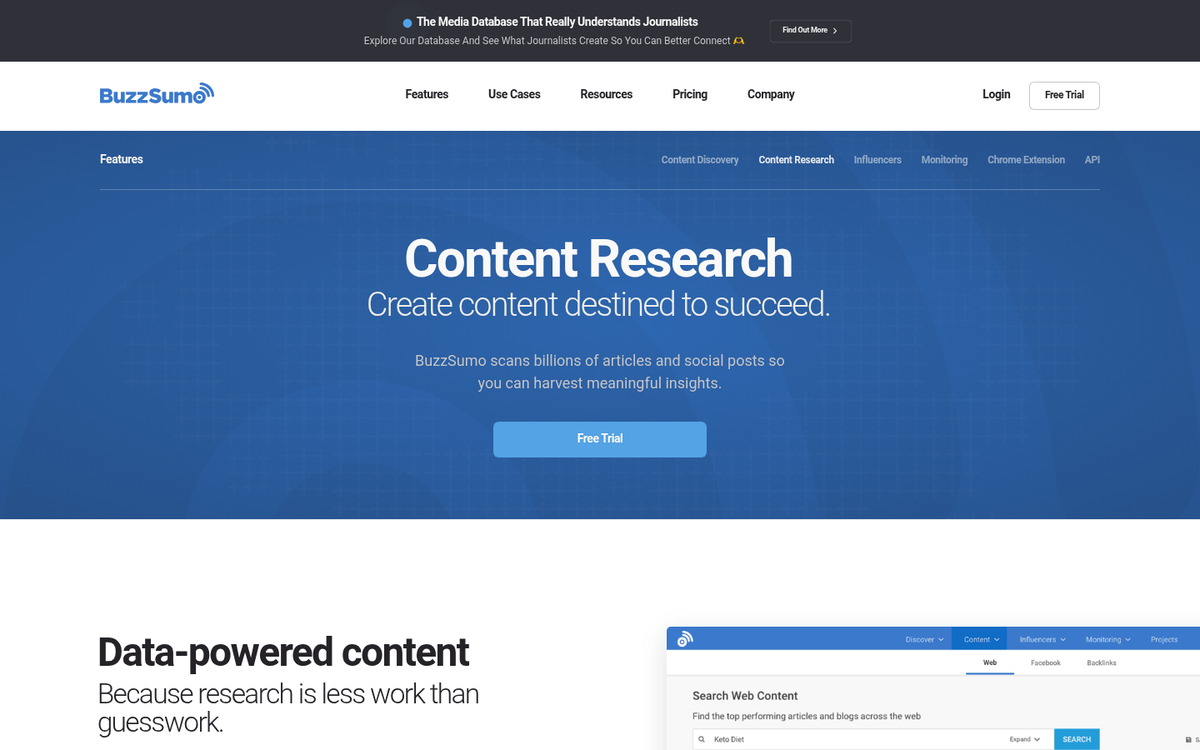 BuzzSumo keyword research and content analysis dashboard