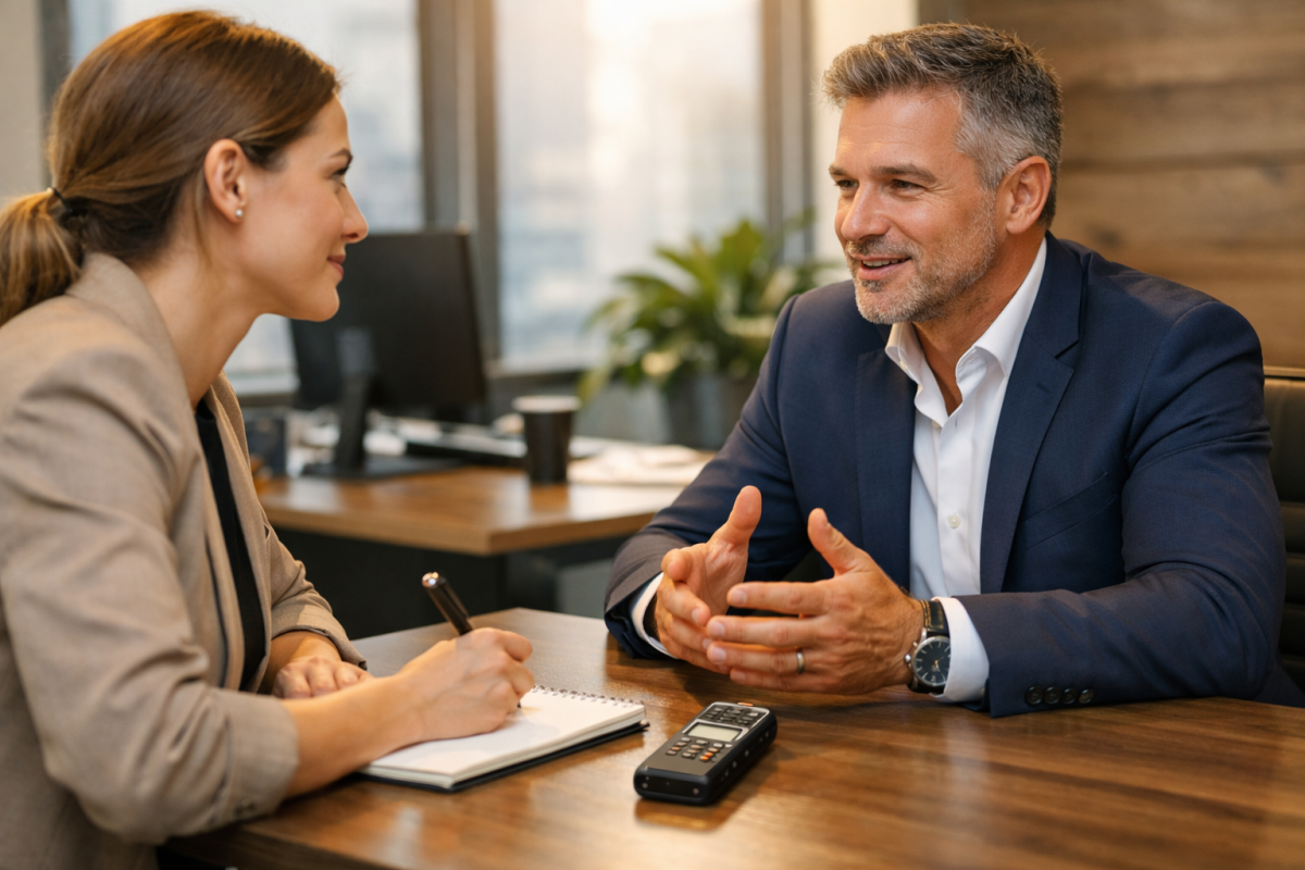Reporter interviewing source for news article
