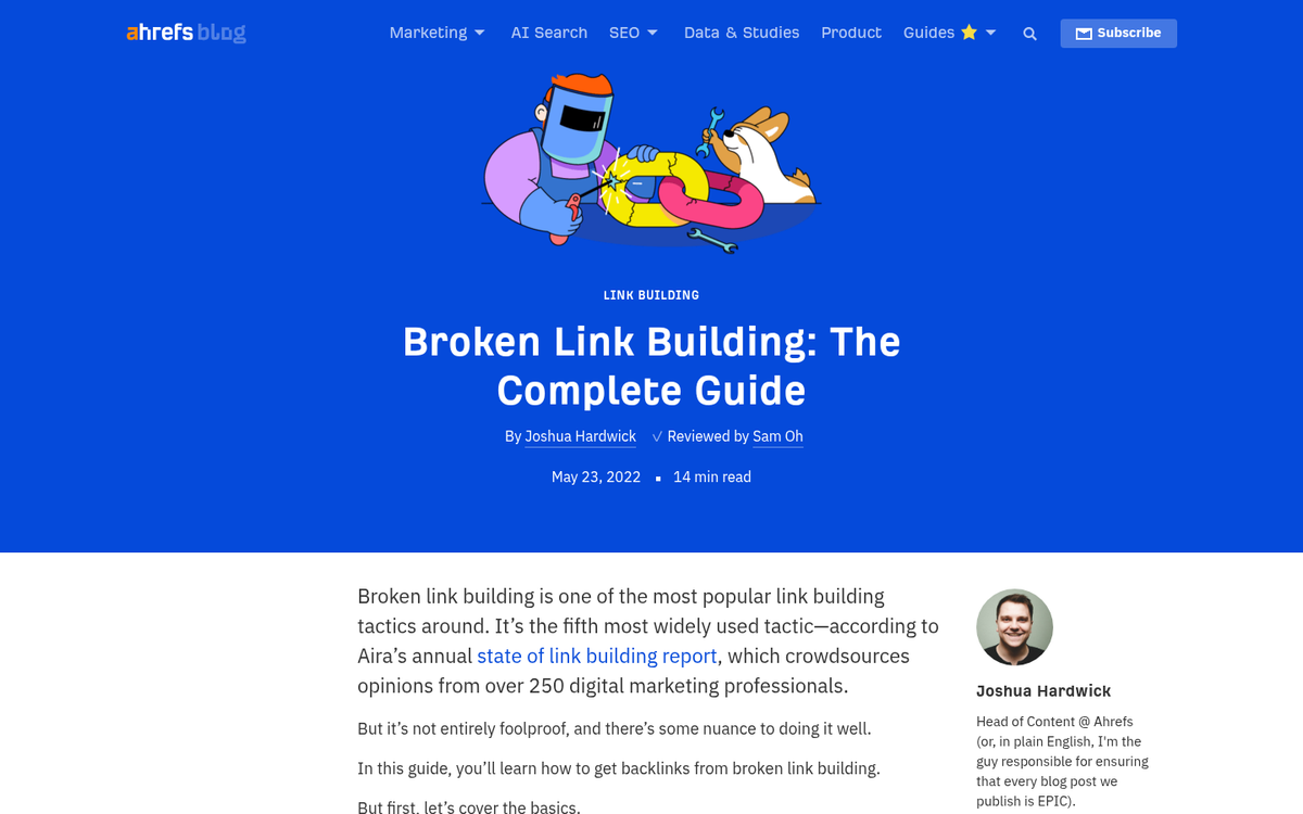 Broken link building outreach email example