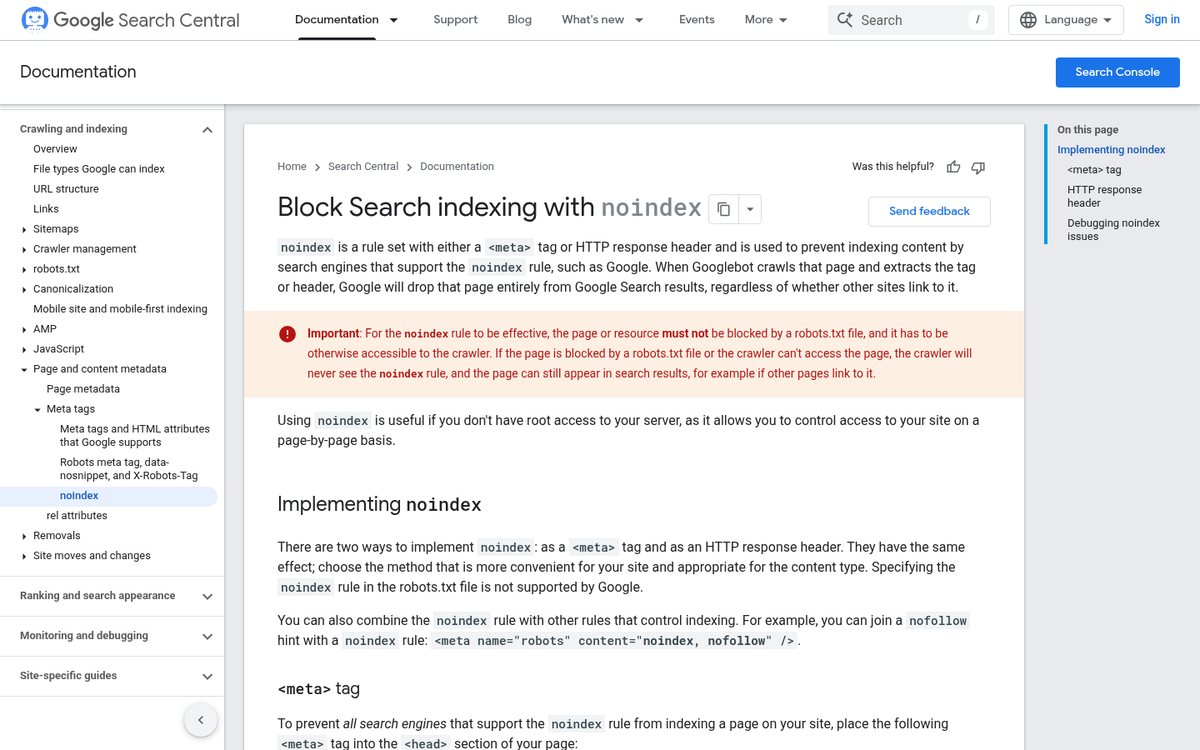 Website settings hiding pages from Google