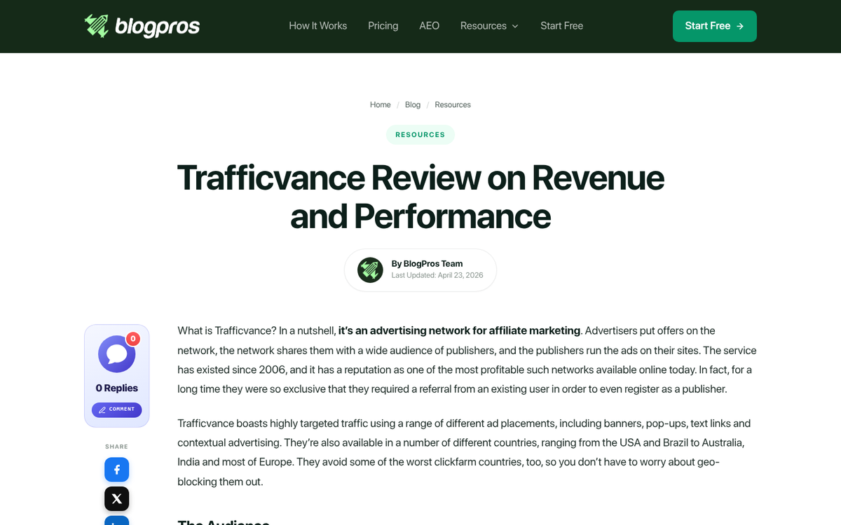 Trafficvance ad format pricing options display