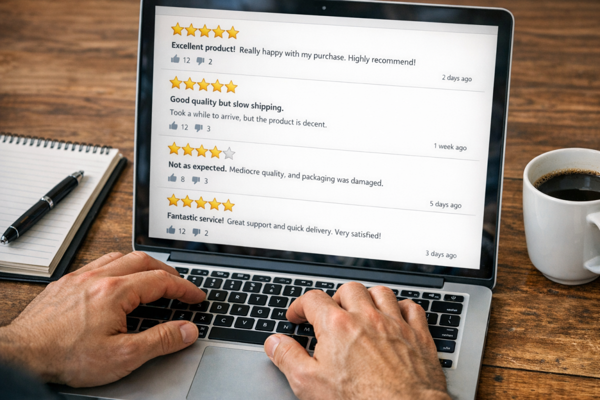 Person reading online reviews on screen