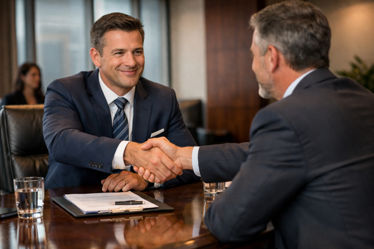 Two people negotiating a business deal