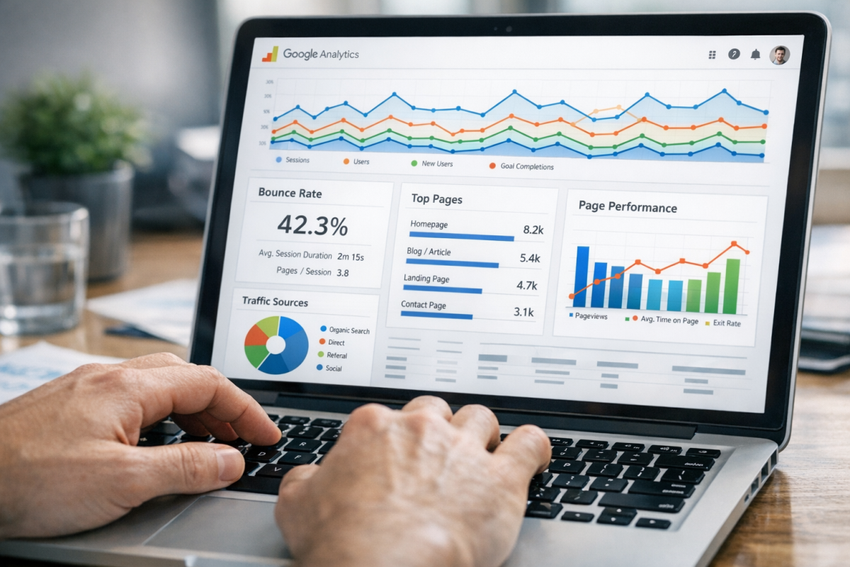 Person reviewing website content analytics data