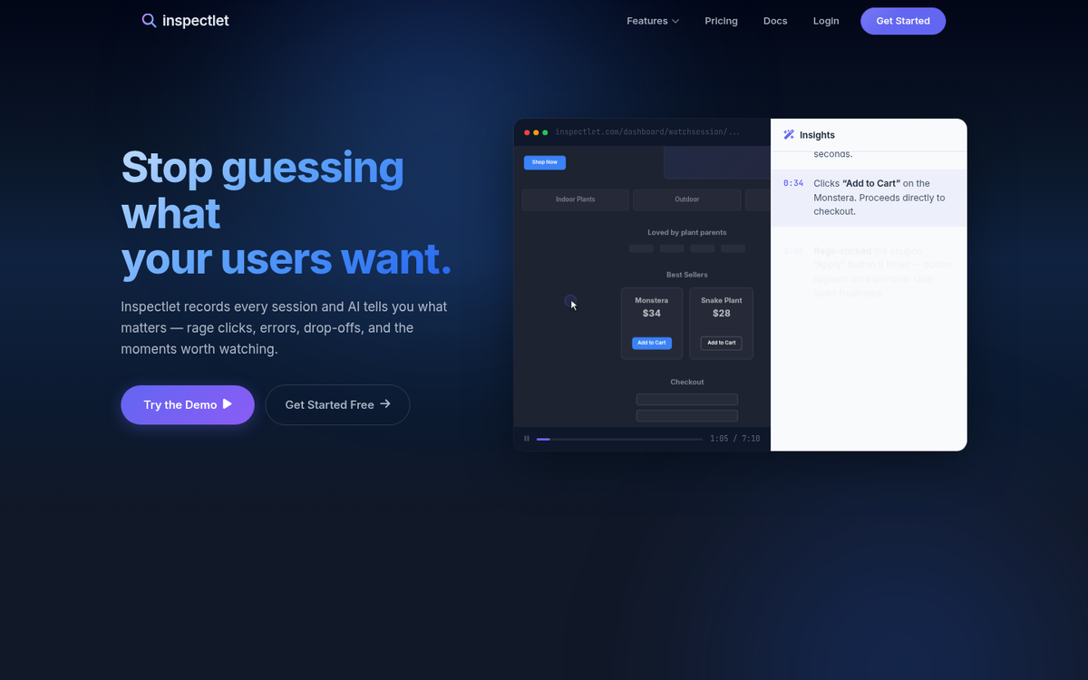 Inspectlet session recording analytics dashboard interface