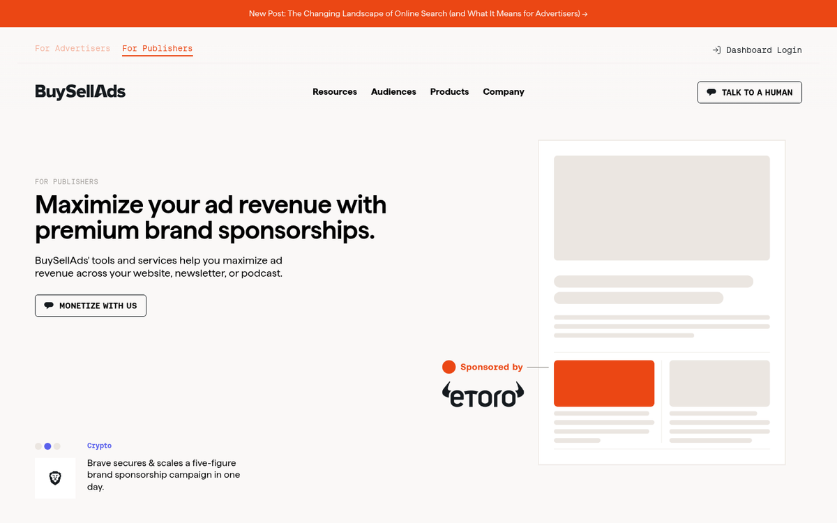 BuySellAds platform homepage screenshot