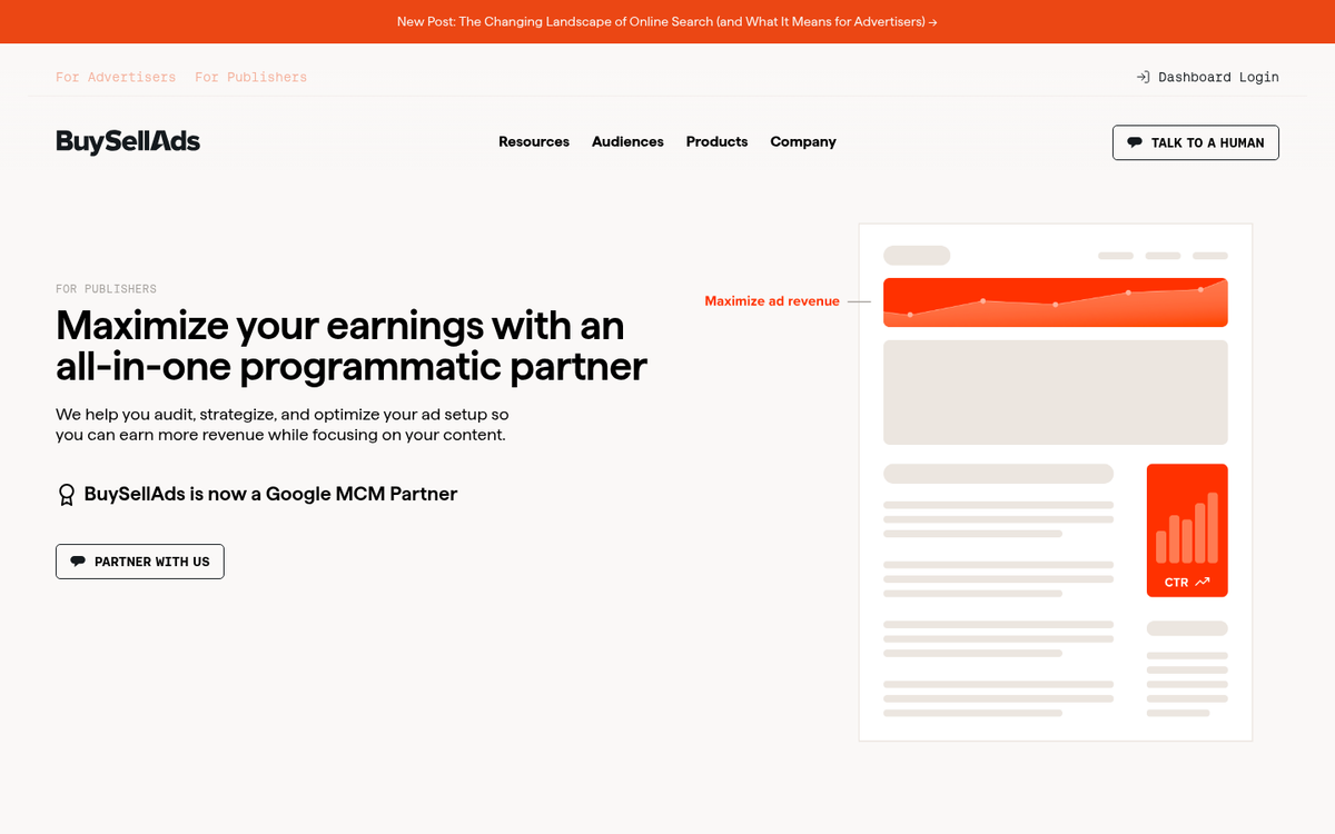 BuySellAds platform showing limited publisher options
