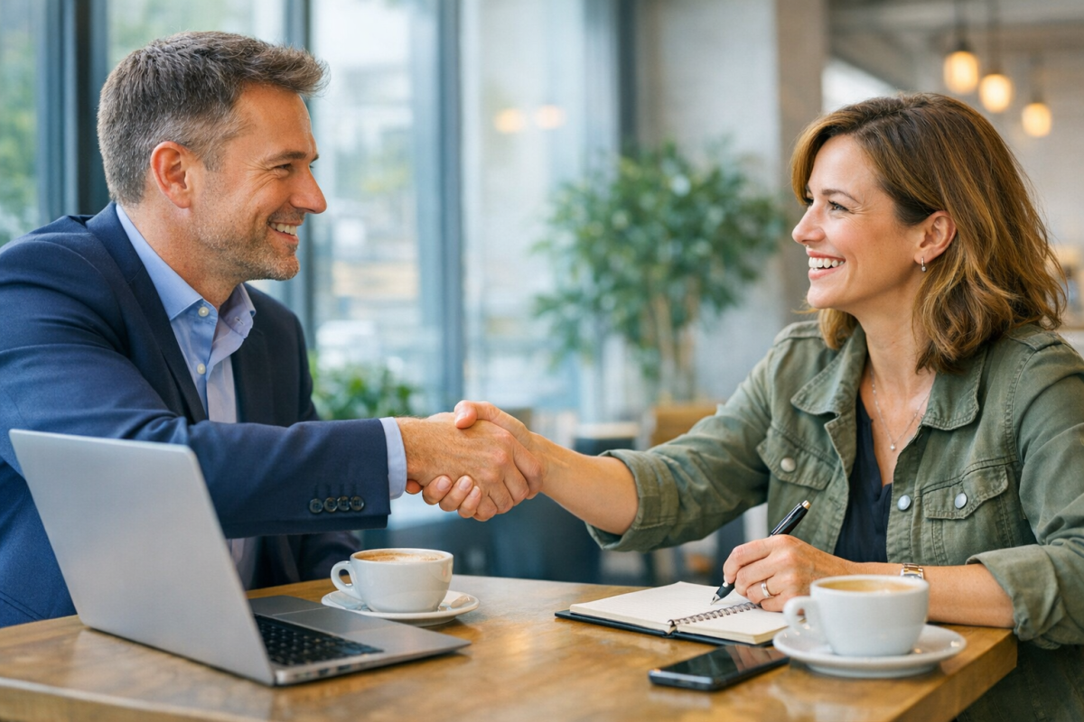 Two people shaking hands across a desk