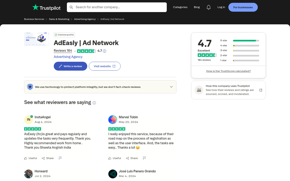 Screenshot of website review search results