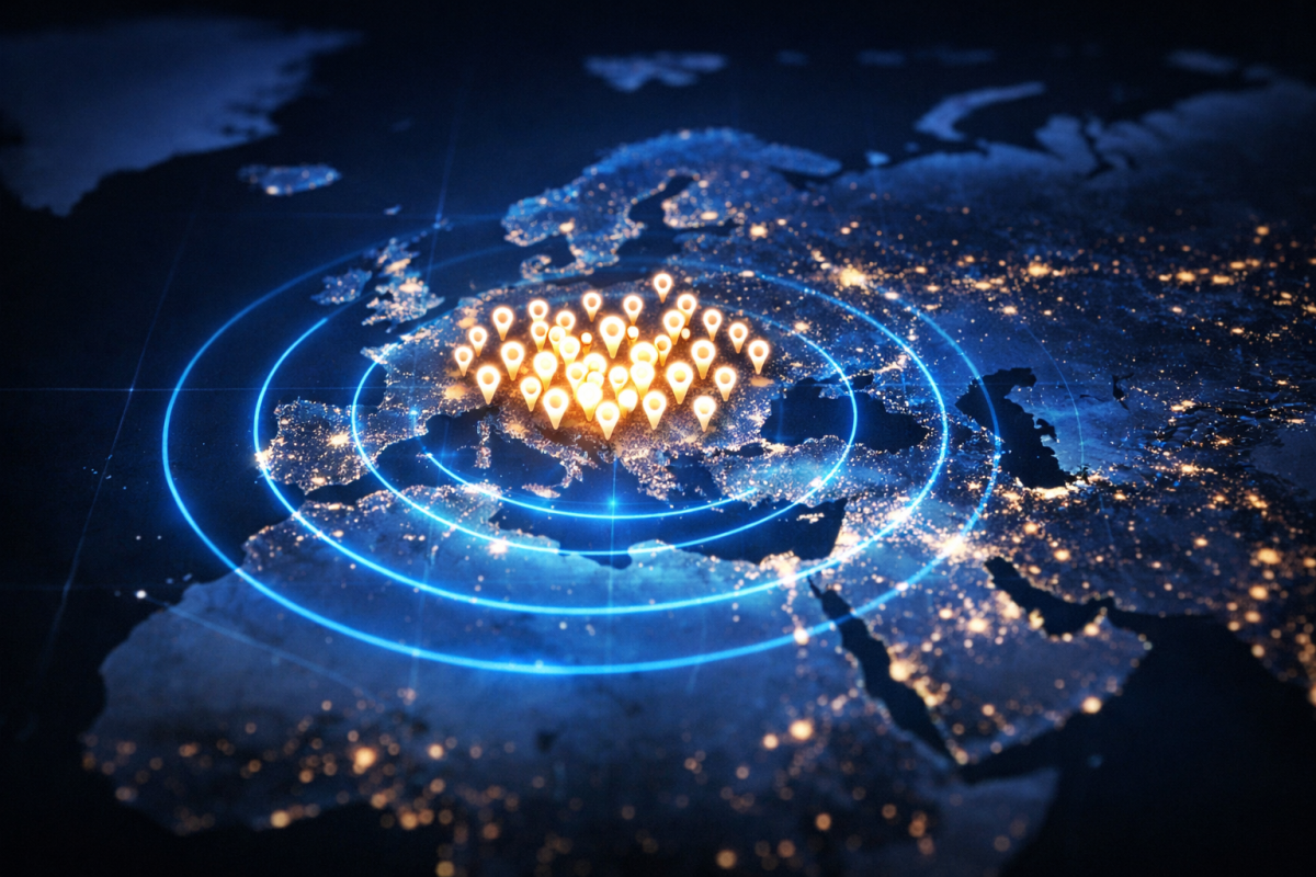 Globe with location pins marking regions
