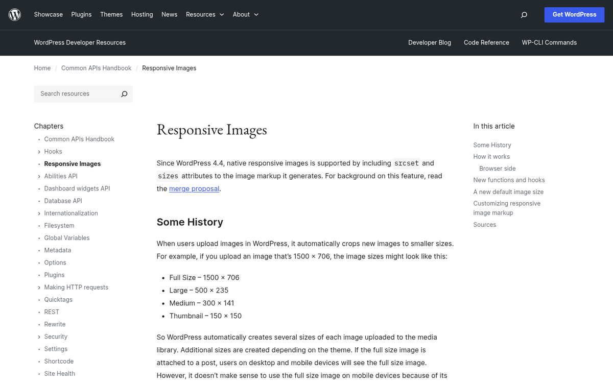 Website screenshot showing optimized image dimensions