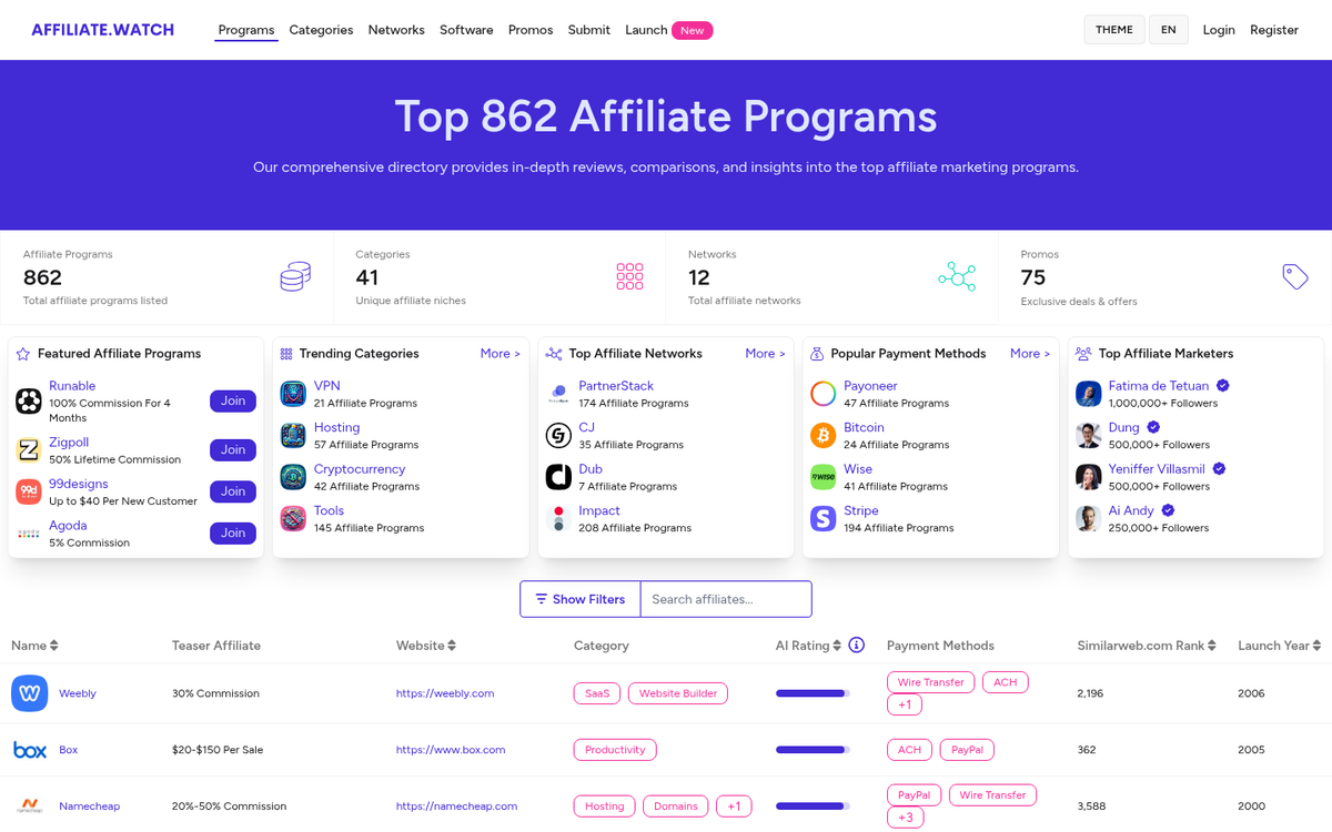 Affiliate network website screenshot
