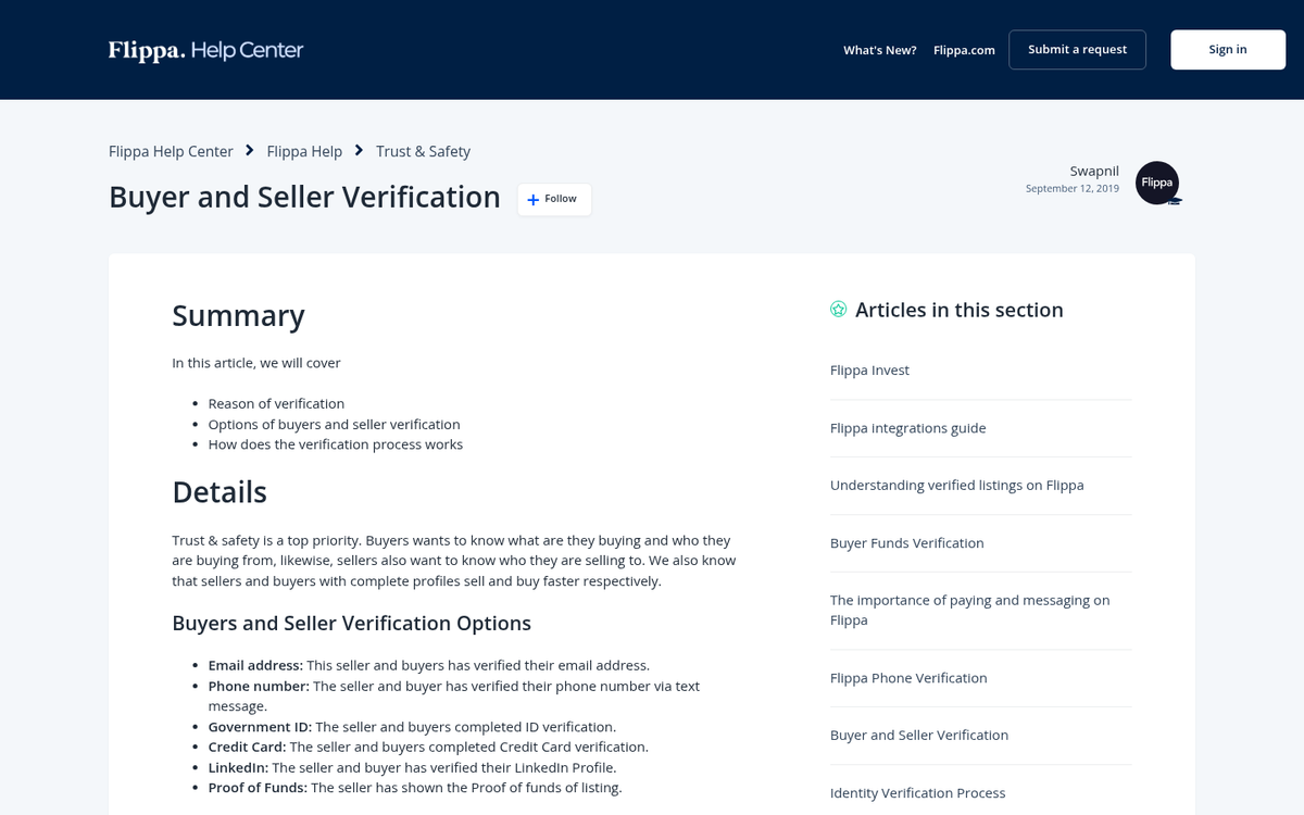 Flippa identity verification profile page screenshot