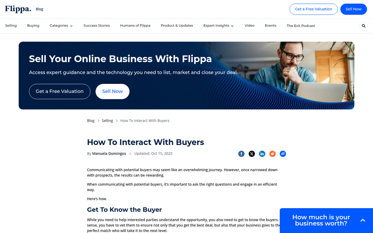 Flippa direct buyer invitation interface screenshot