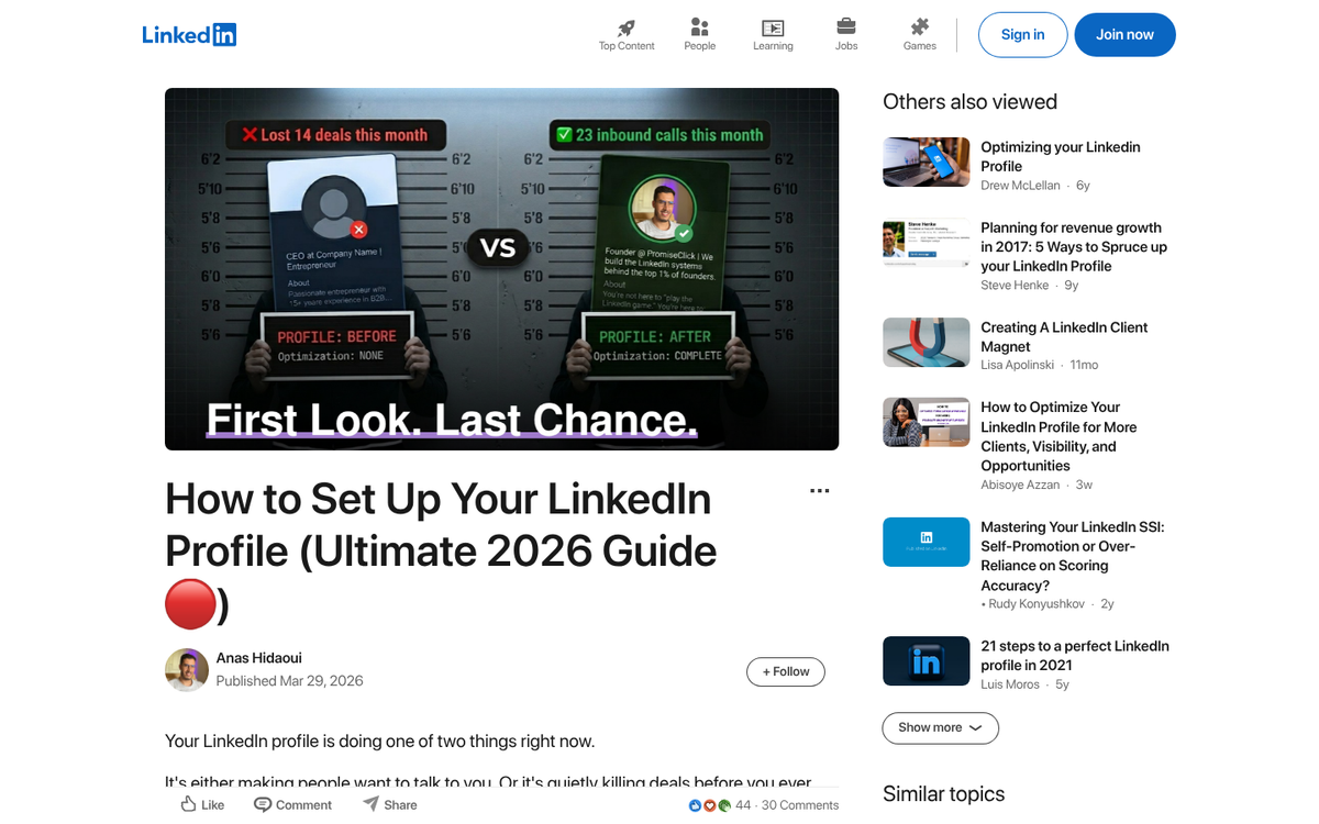 LinkedIn profile page with complete features