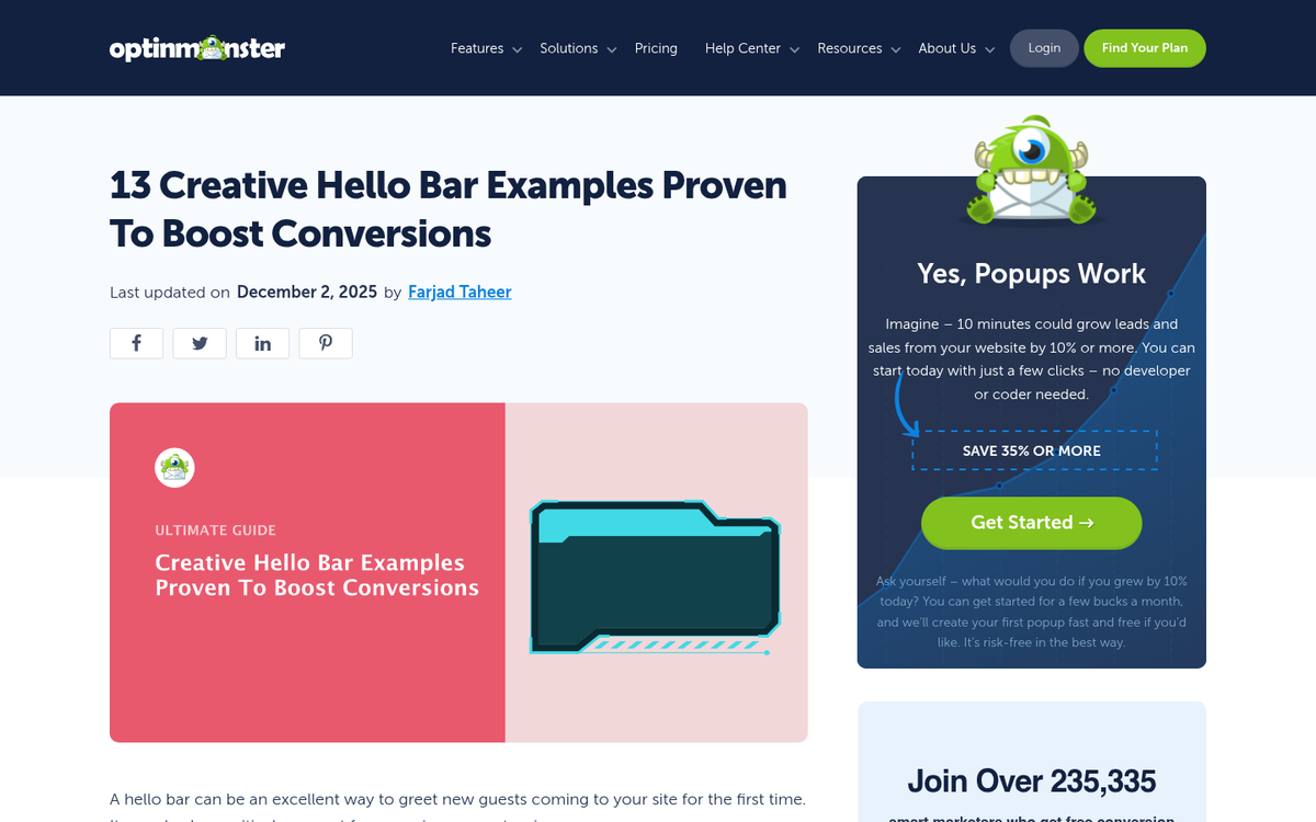 Hello Bar affiliate link promotion example