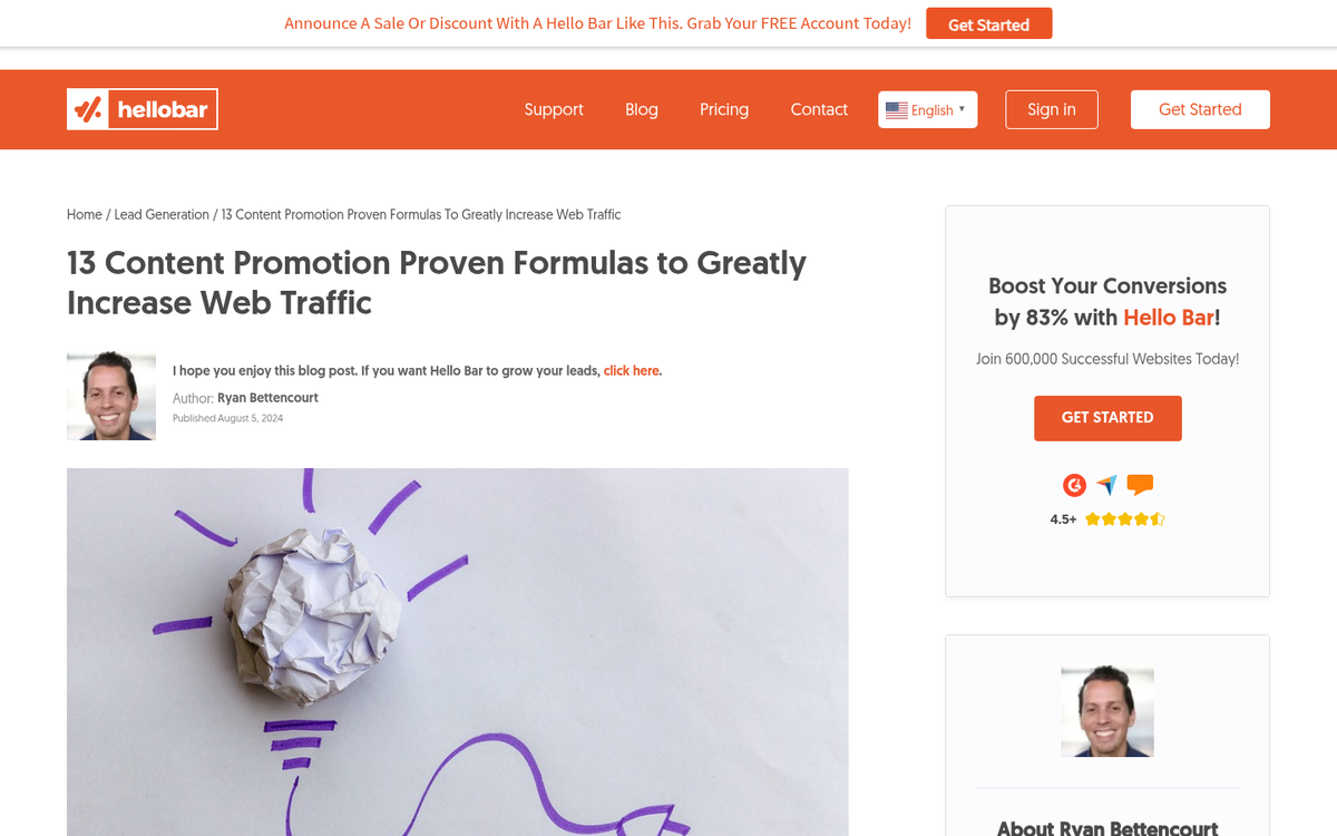 Hello Bar highlighting a popular blog post