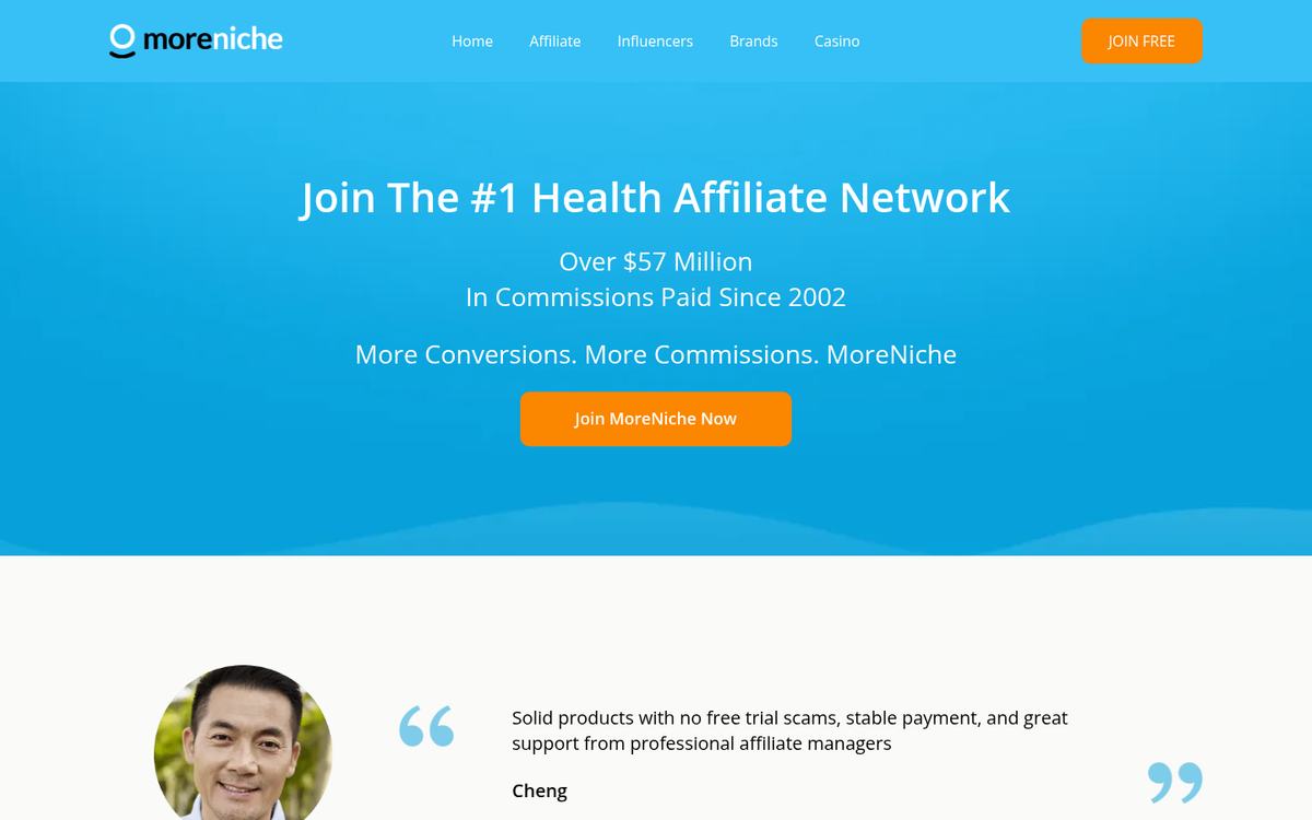 MoreNiche affiliate network homepage screenshot