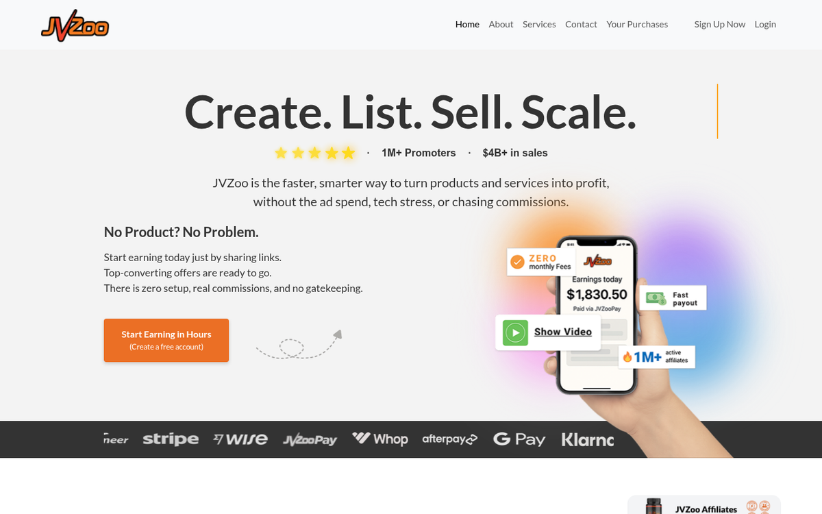 JVZoo affiliate network homepage screenshot