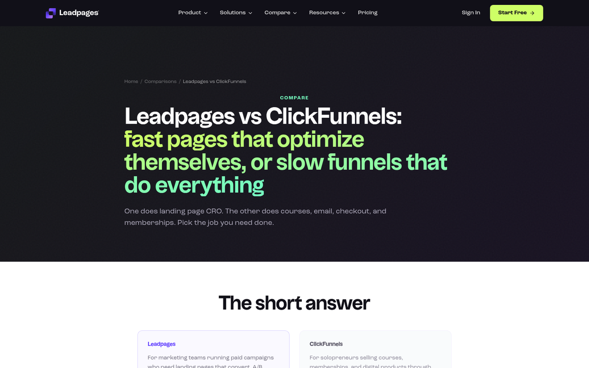 LeadPages pricing plans comparison screenshot