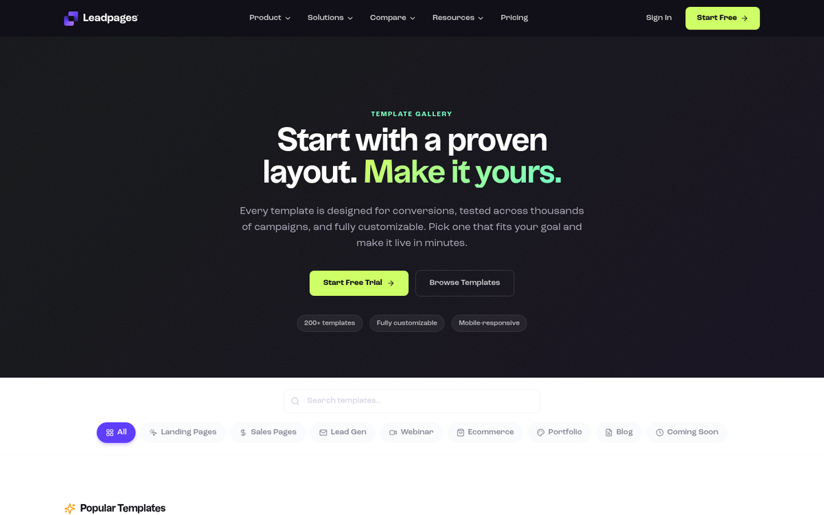 LeadPages template library selection page