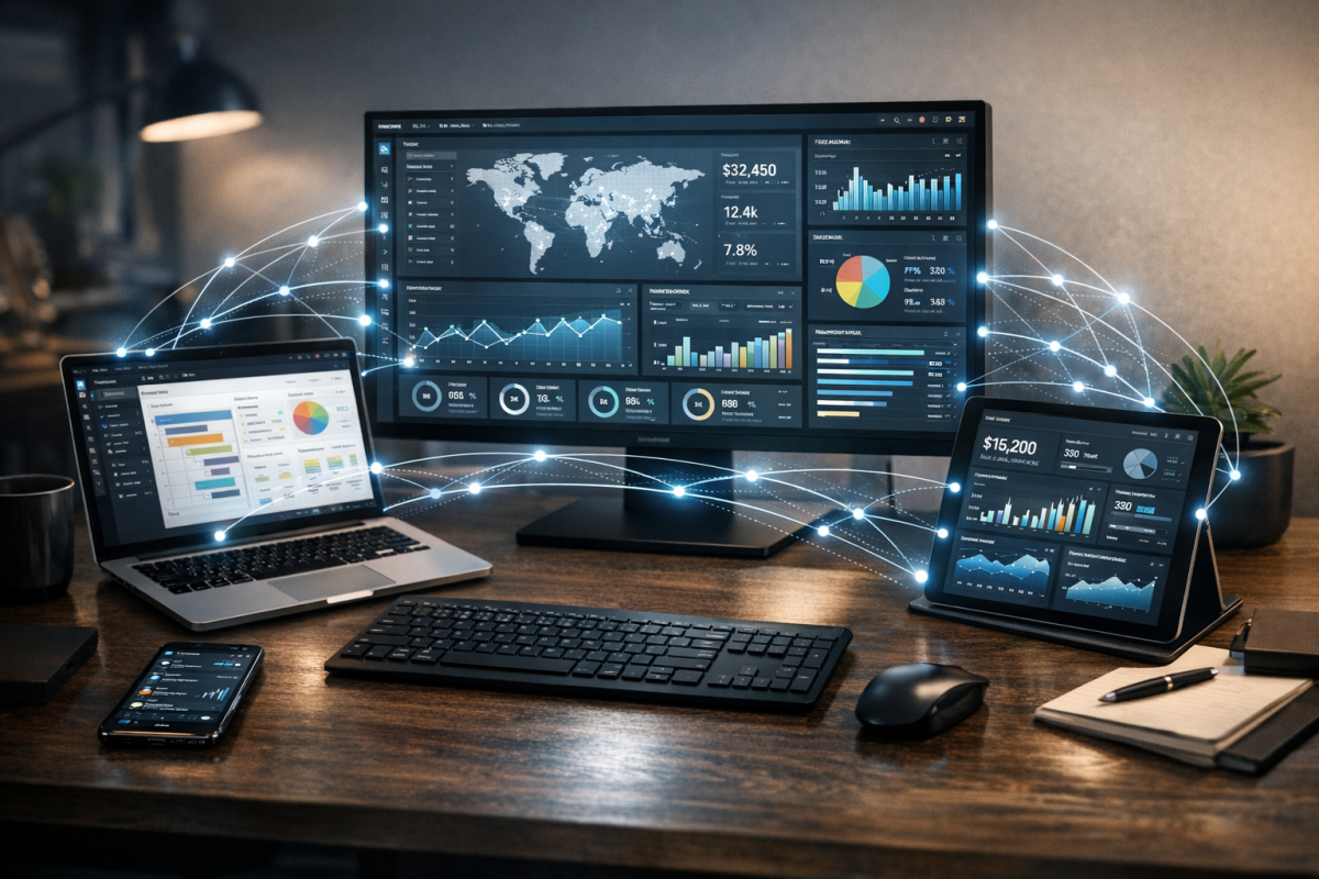 Software integration icons connected by lines
