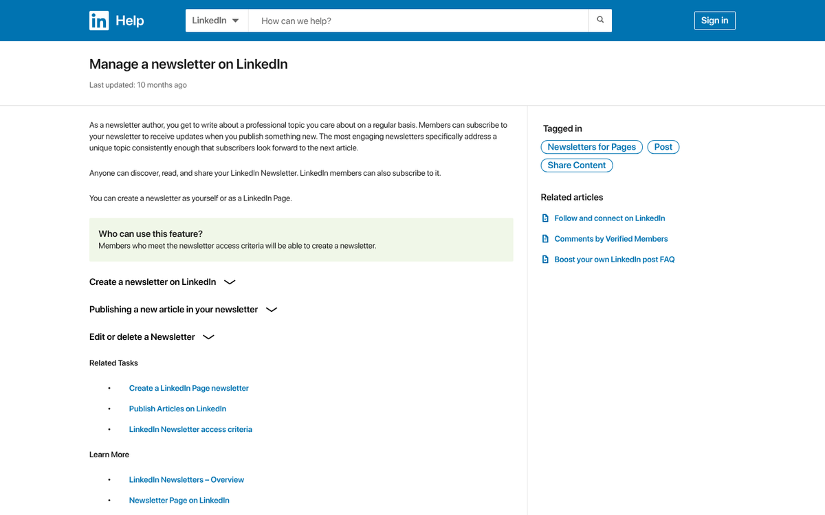 LinkedIn article and newsletter publishing interface