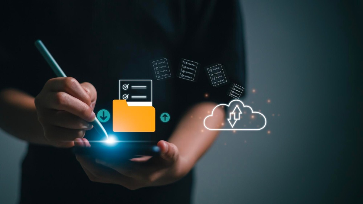 Person uploading documents to sharing platform