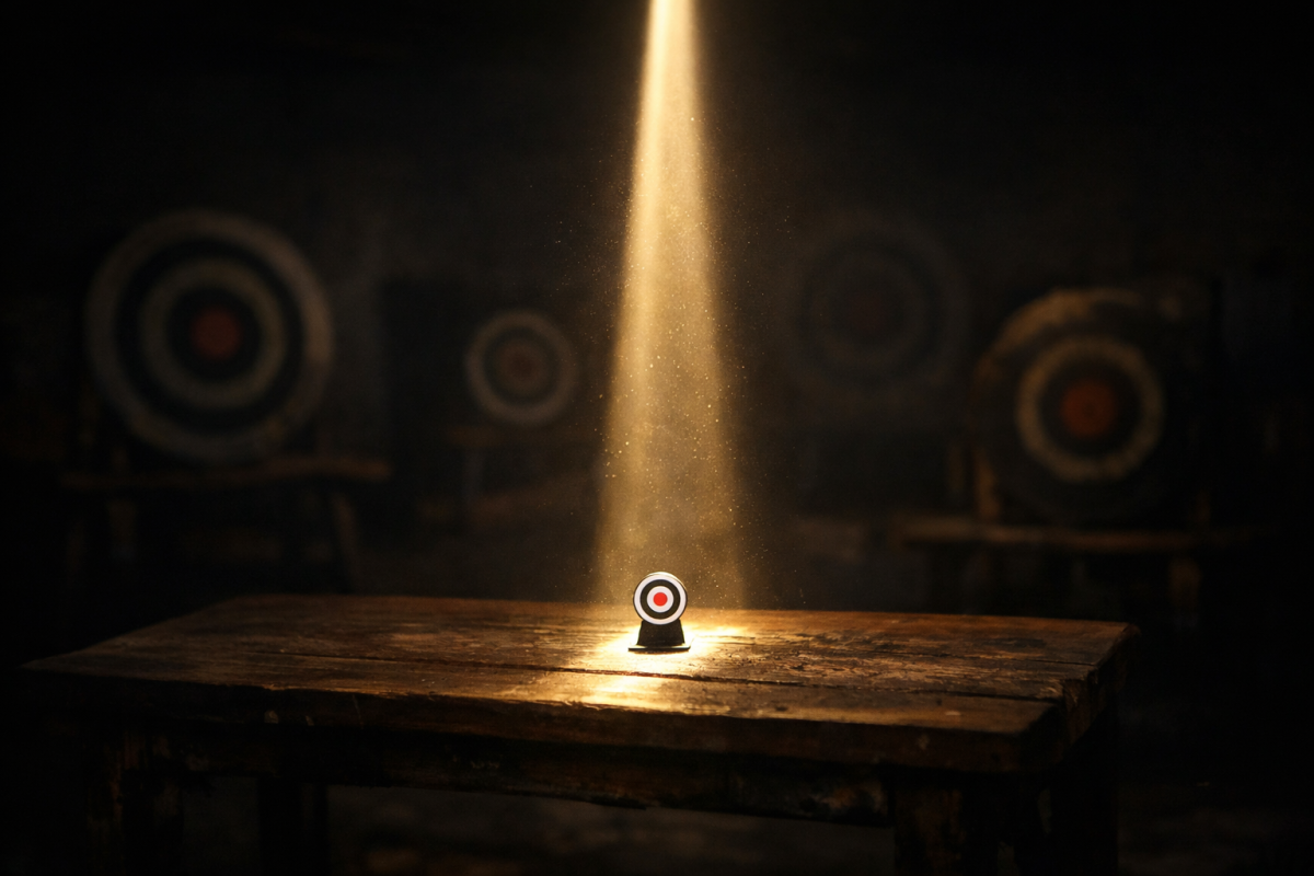 Focused target arrow hitting narrow bullseye