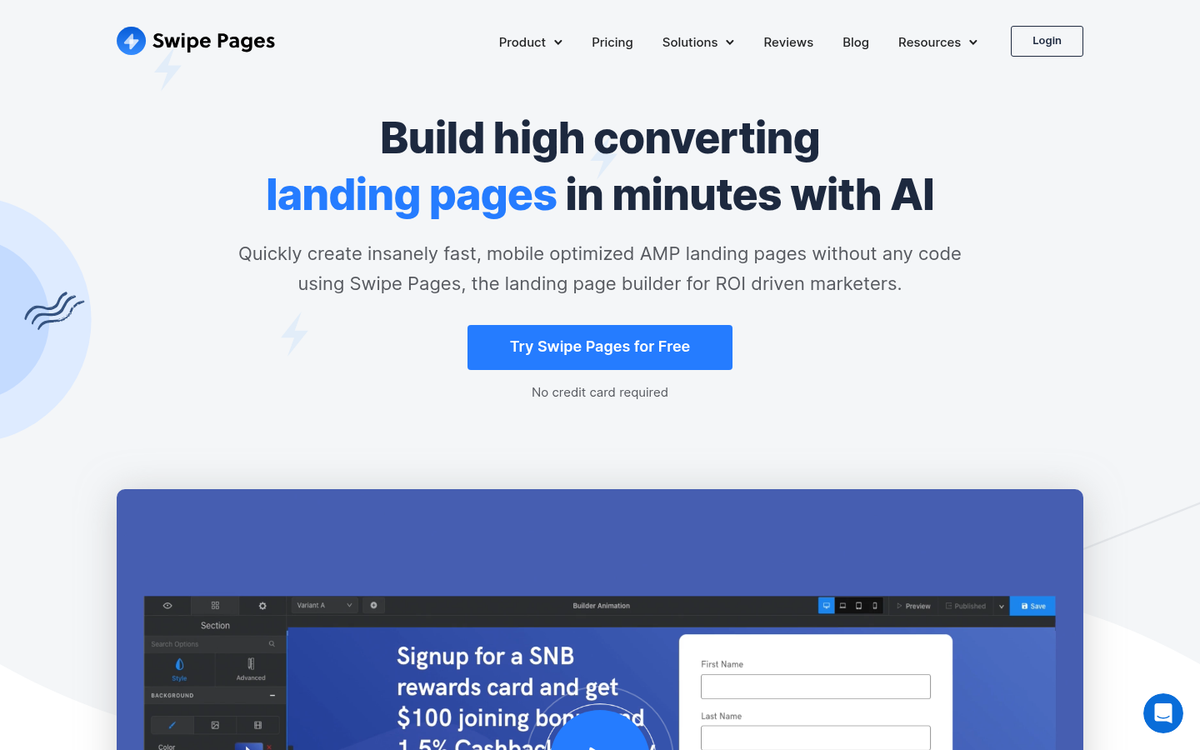 Swipe Pages landing page builder interface
