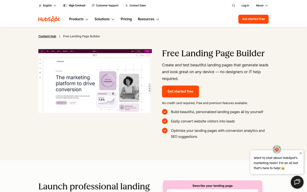 HubSpot landing page builder interface screenshot